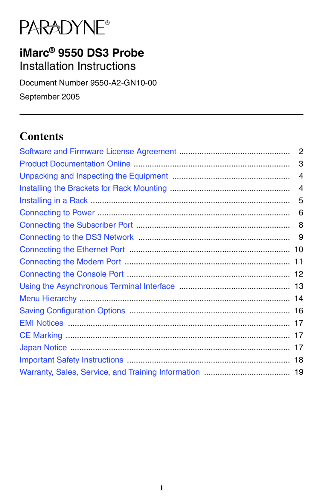 Paradyne installation instructions IMarc 9550 DS3 Probe, Contents 
