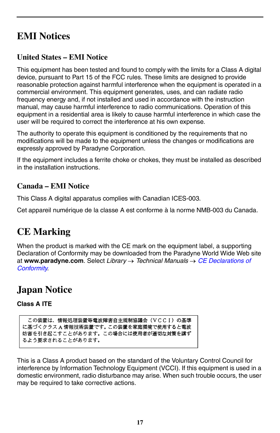 Paradyne 9550 DS3 installation instructions EMI Notices, CE Marking Japan Notice 