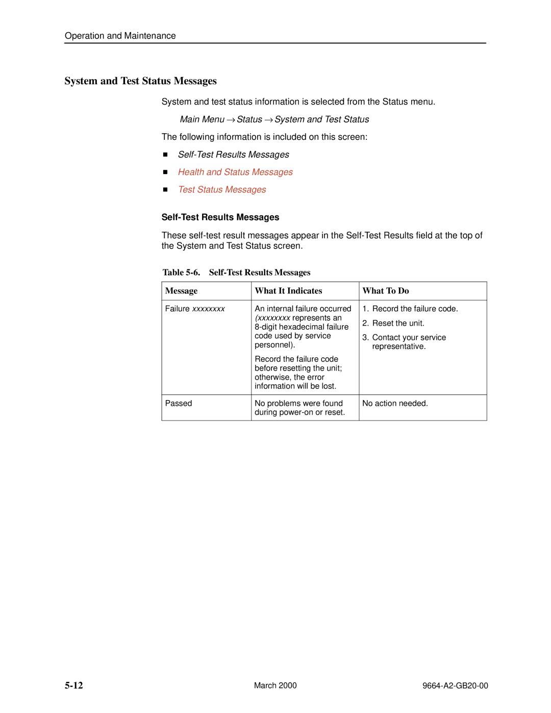 Paradyne 9664 System and Test Status Messages, Main Menu → Status → System and Test Status, Self-Test Results Messages 