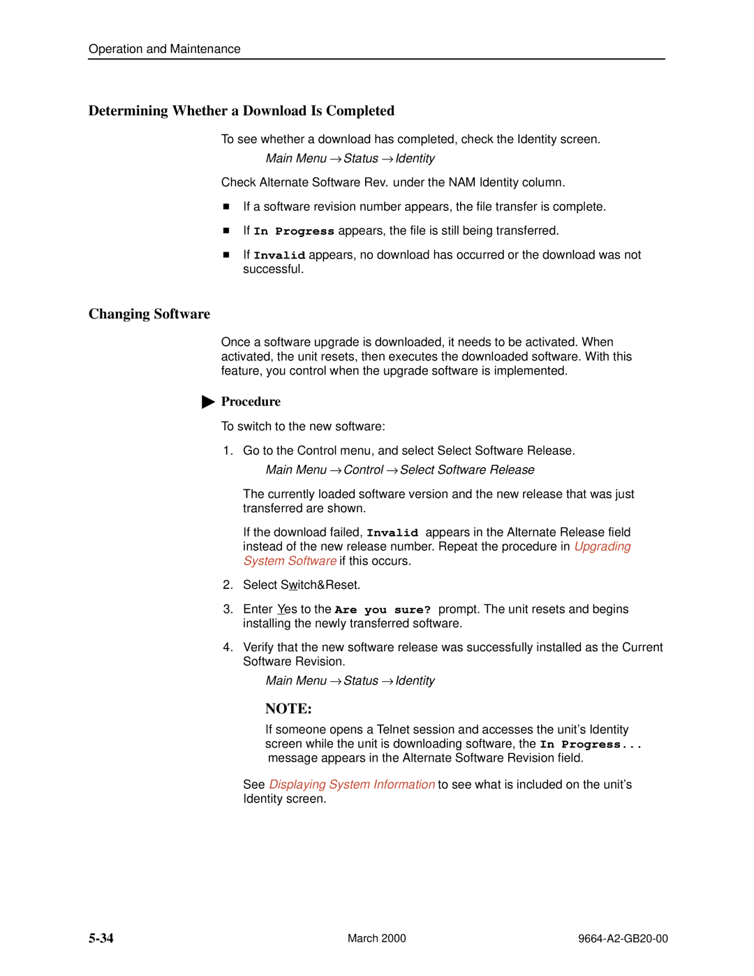 Paradyne 9664 manual Determining Whether a Download Is Completed, Changing Software 