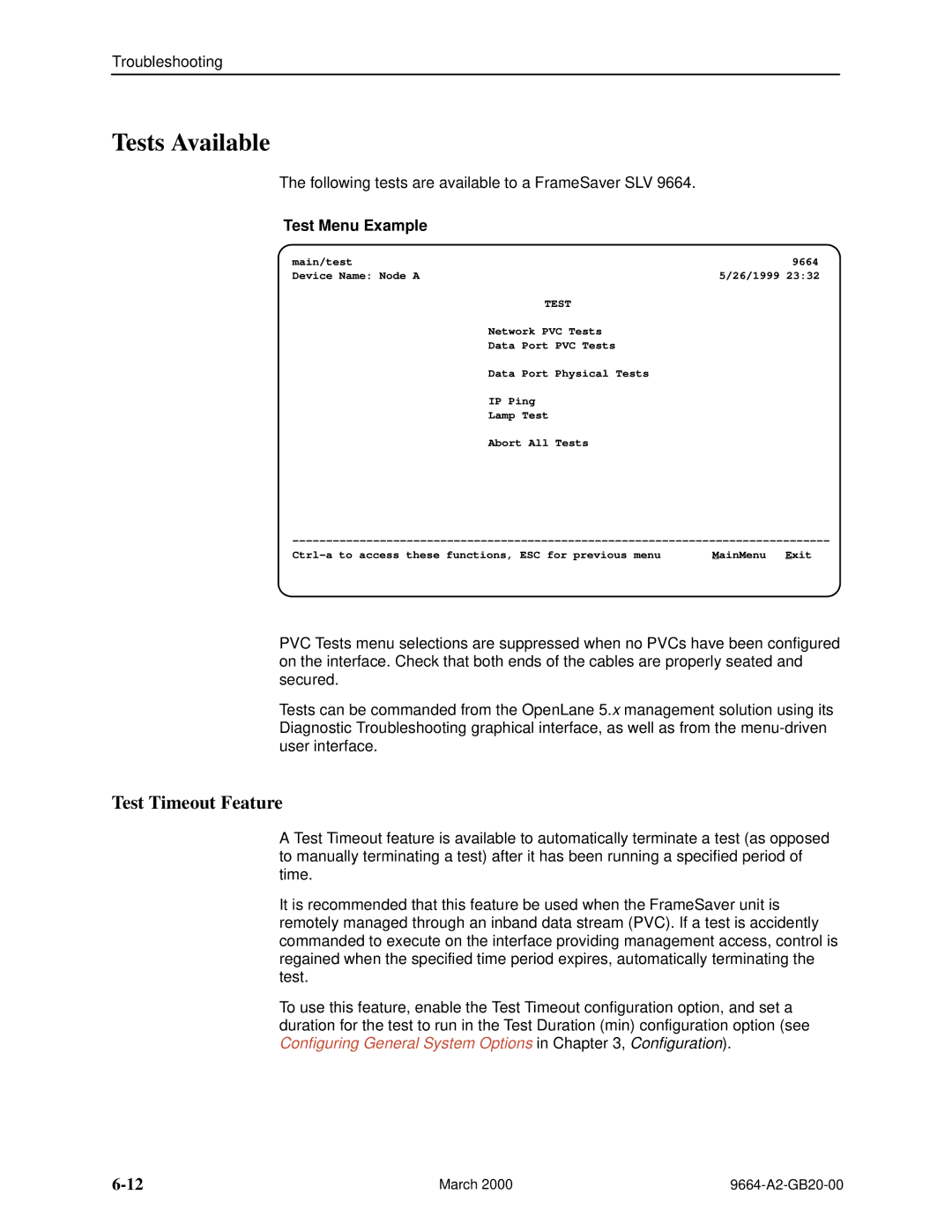 Paradyne 9664 manual Tests Available, Test Timeout Feature, Test Menu Example 