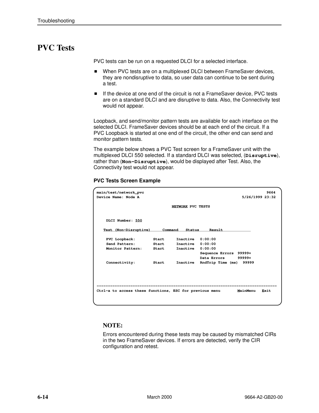 Paradyne 9664 manual PVC Tests Screen Example 