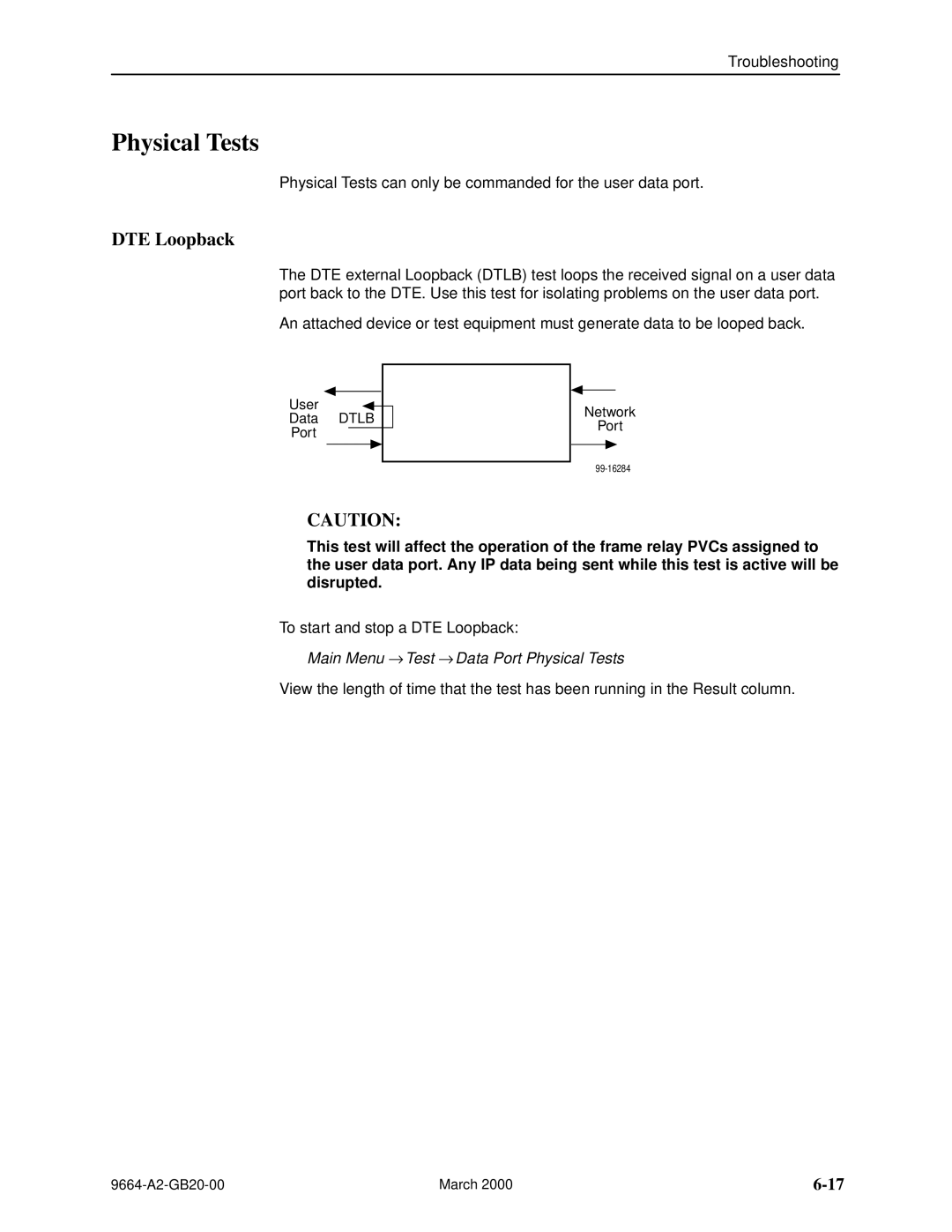 Paradyne 9664 manual DTE Loopback, Main Menu → Test → Data Port Physical Tests 