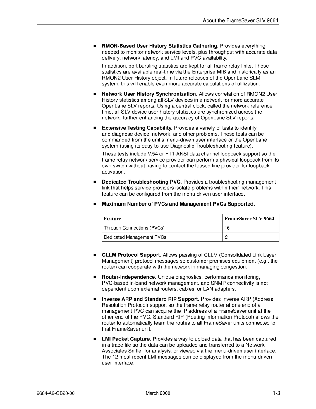 Paradyne 9664 manual Maximum Number of PVCs and Management PVCs Supported, Feature FrameSaver SLV 