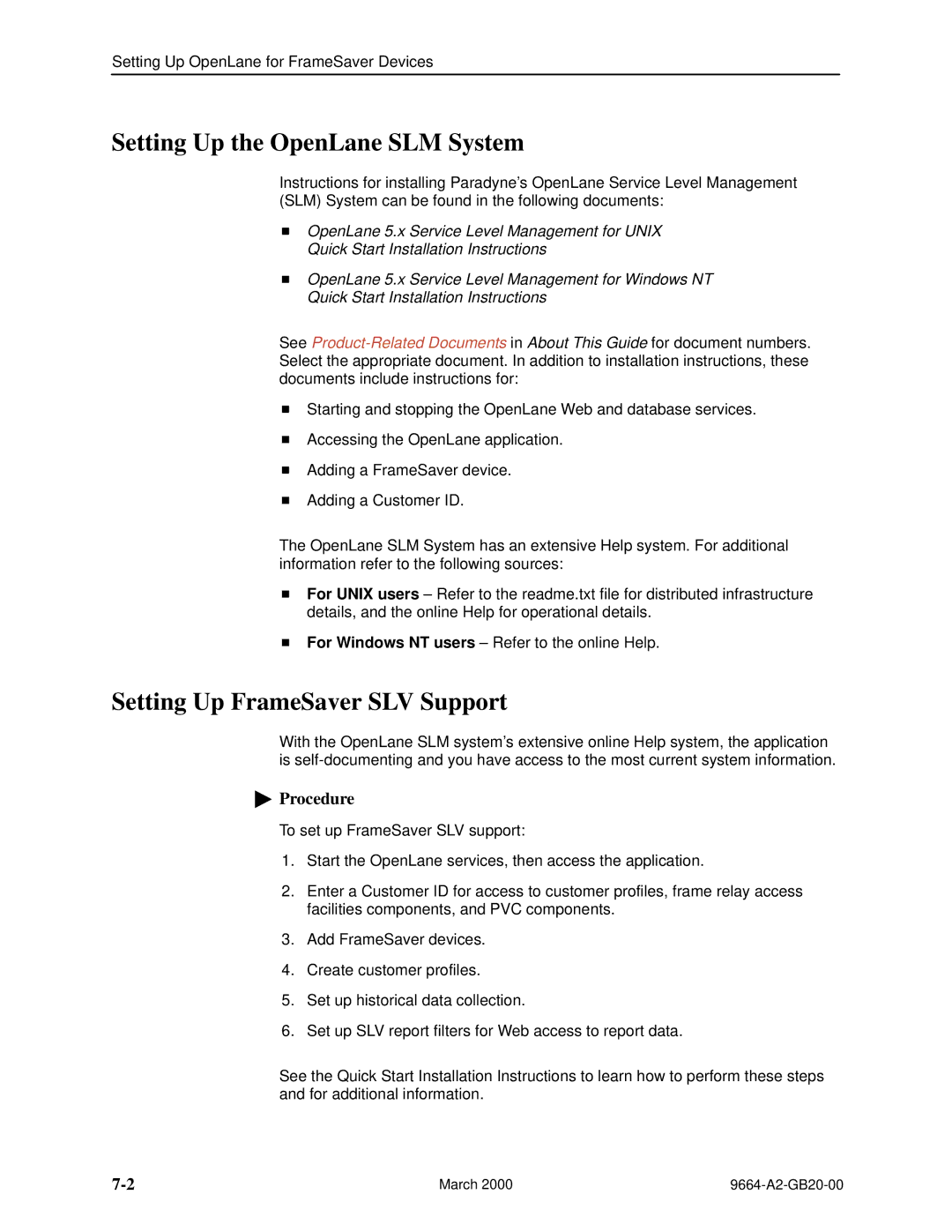 Paradyne 9664 manual Setting Up the OpenLane SLM System, Setting Up FrameSaver SLV Support 