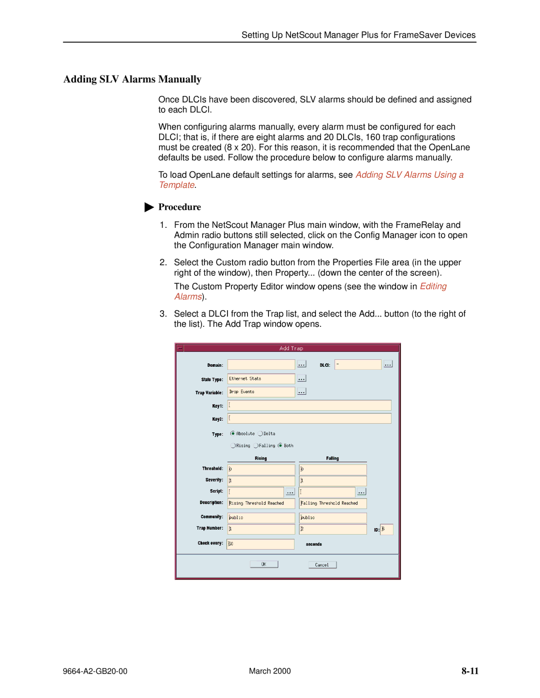 Paradyne 9664 manual Adding SLV Alarms Manually 