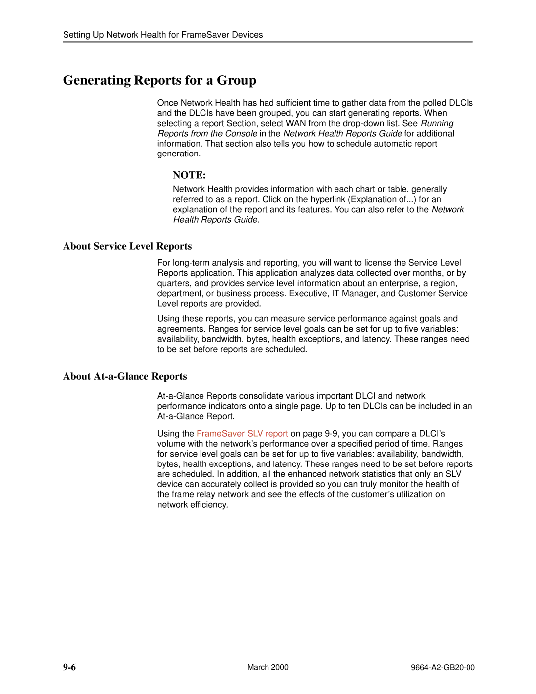 Paradyne 9664 manual Generating Reports for a Group, About Service Level Reports, About At-a-Glance Reports 