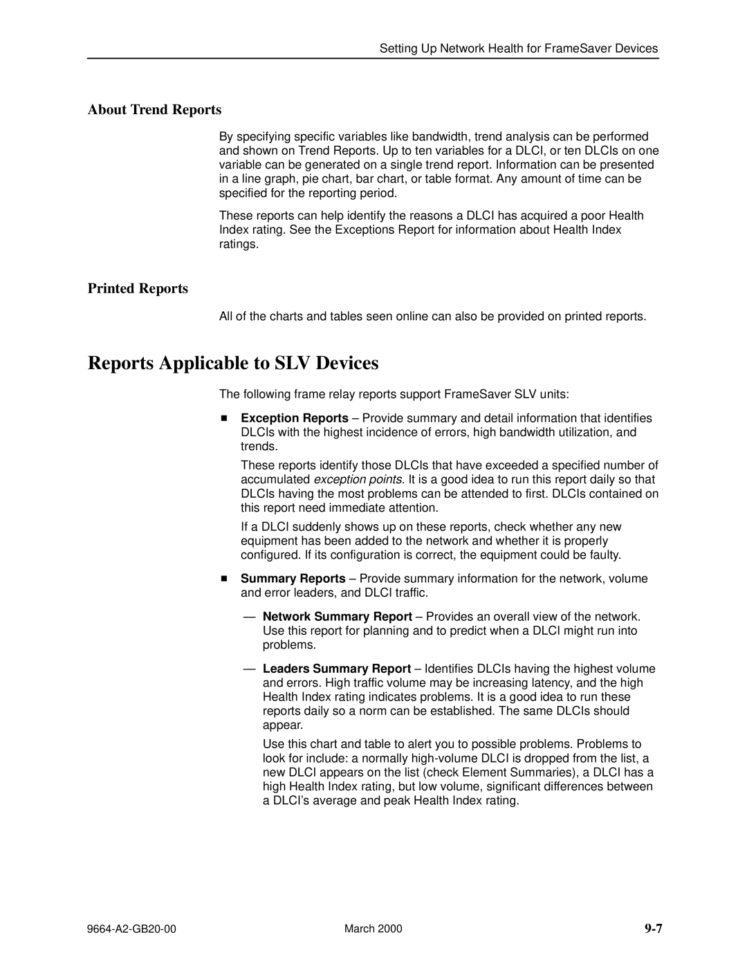 Paradyne 9664 manual Reports Applicable to SLV Devices, About Trend Reports, Printed Reports 