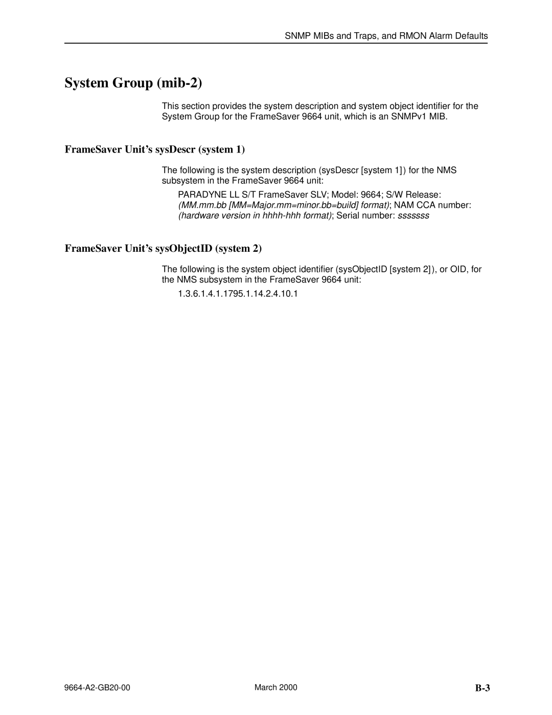 Paradyne 9664 manual System Group mib-2, FrameSaver Units sysDescr system, FrameSaver Units sysObjectID system 