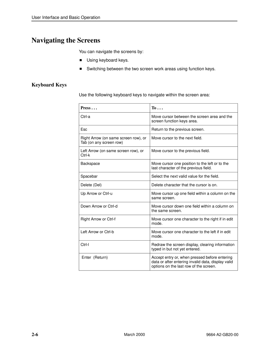 Paradyne 9664 manual Navigating the Screens, Keyboard Keys, Press 