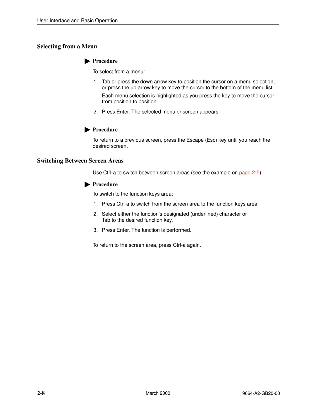 Paradyne 9664 manual Selecting from a Menu, Switching Between Screen Areas 