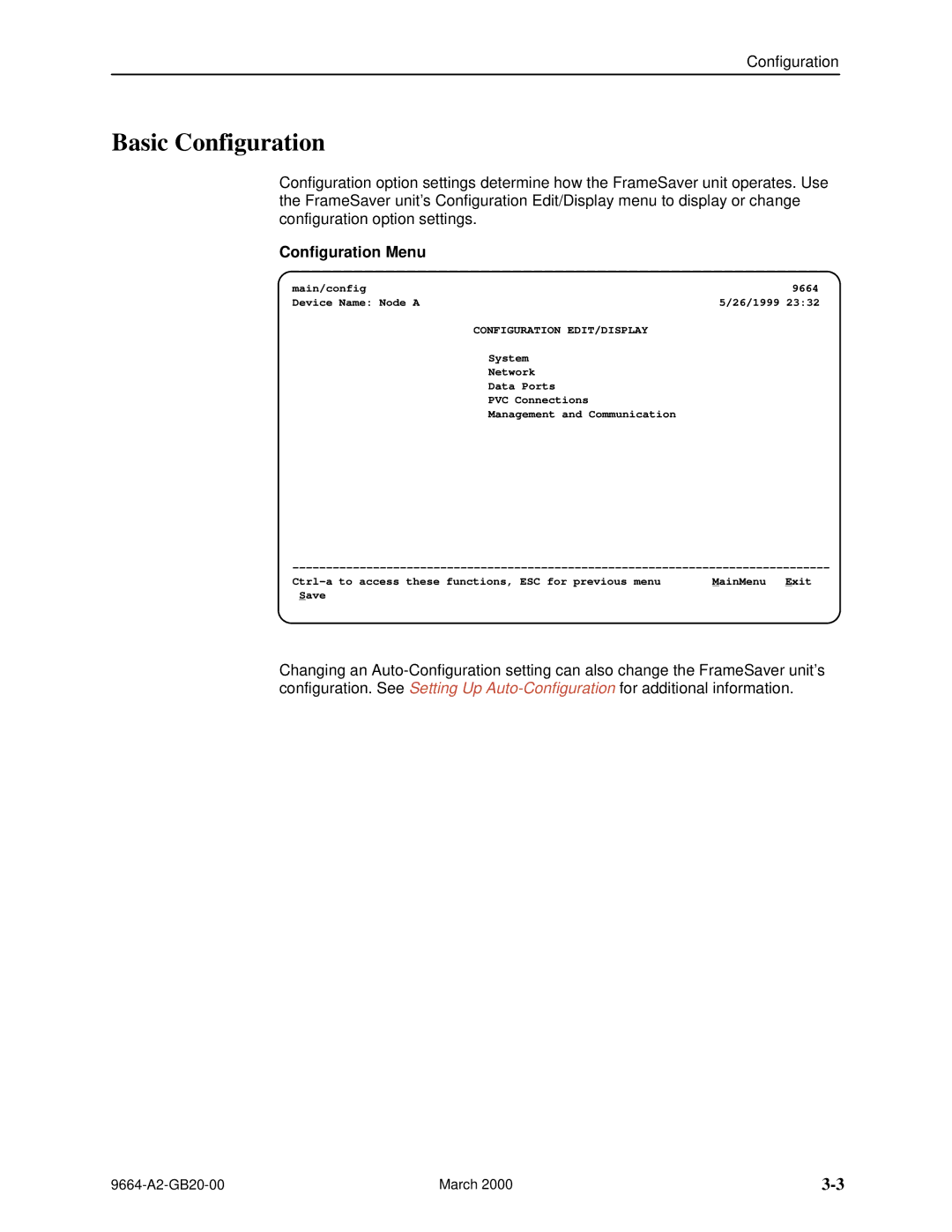 Paradyne 9664 manual Basic Configuration, Configuration Menu 