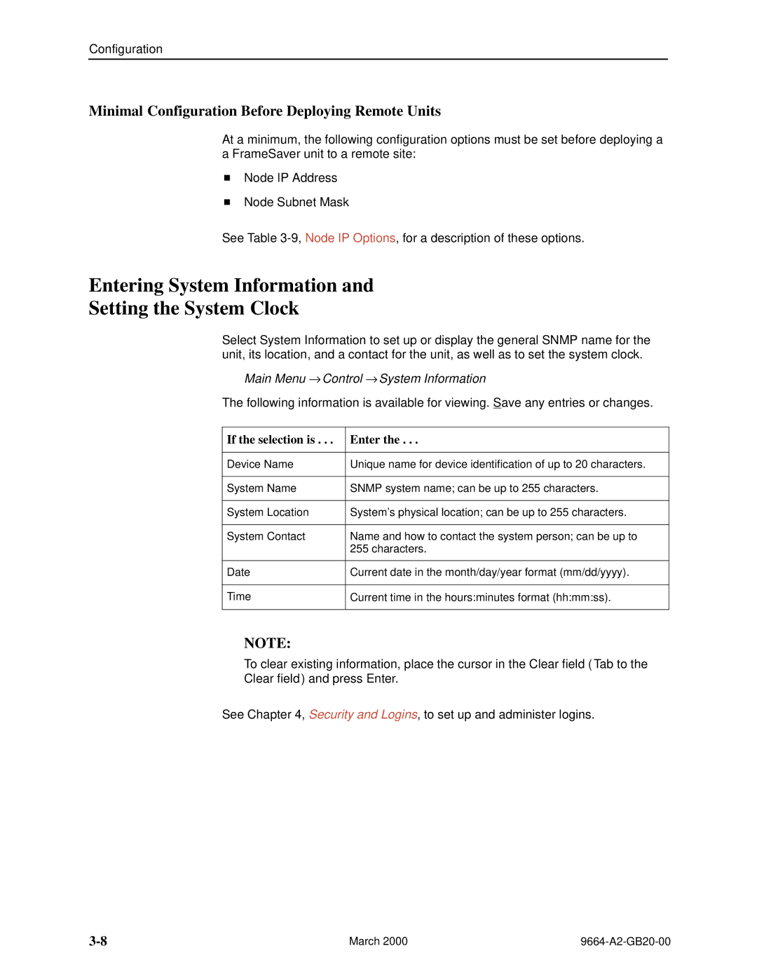 Paradyne 9664 Entering System Information Setting the System Clock, Minimal Configuration Before Deploying Remote Units 