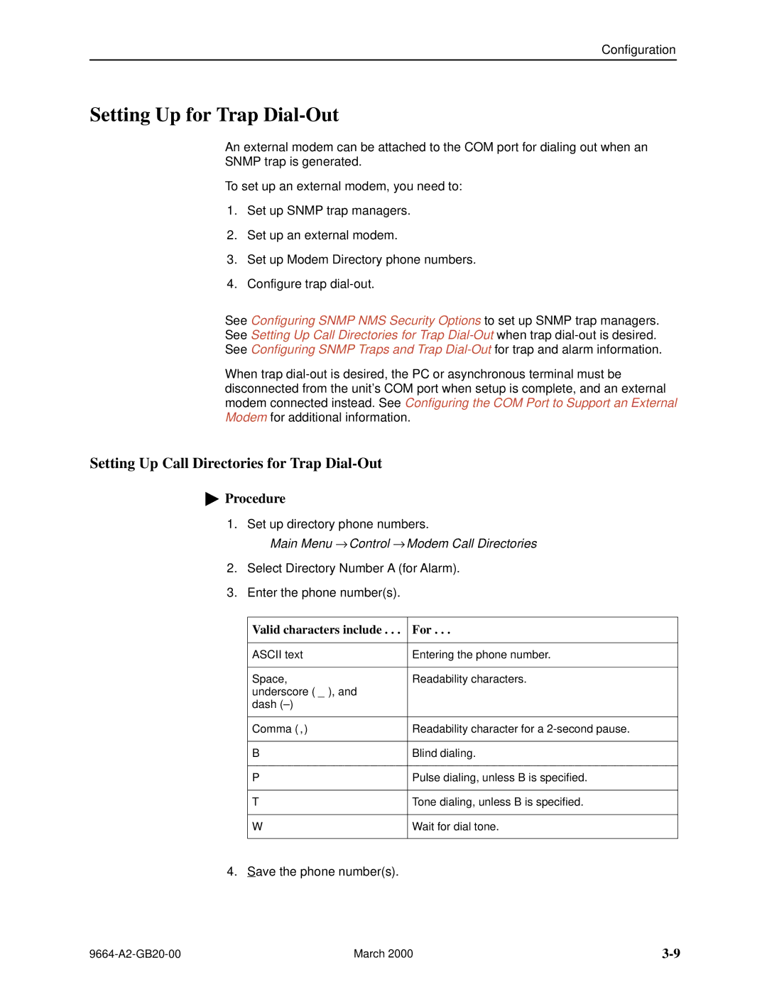 Paradyne 9664 Setting Up for Trap Dial-Out, Setting Up Call Directories for Trap Dial-Out, Valid characters include For 