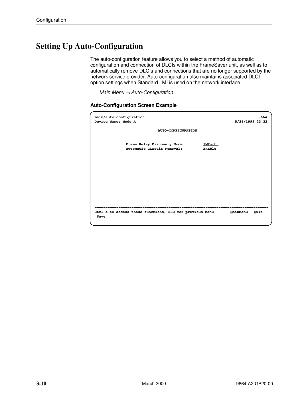 Paradyne 9664 manual Setting Up Auto-Configuration, Main Menu → Auto-Configuration, Auto-Configuration Screen Example 