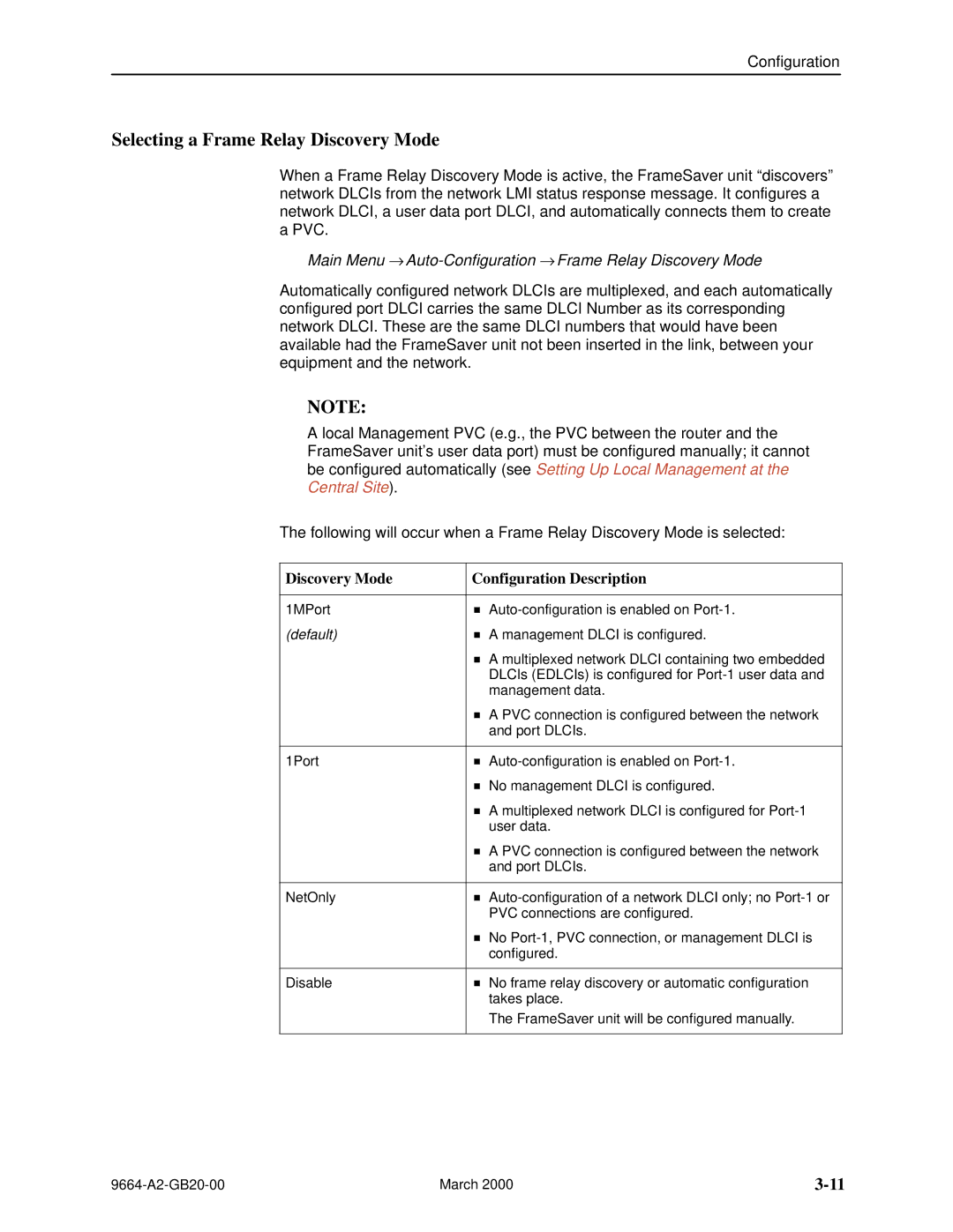 Paradyne 9664 manual Selecting a Frame Relay Discovery Mode, Main Menu → Auto-Configuration → Frame Relay Discovery Mode 