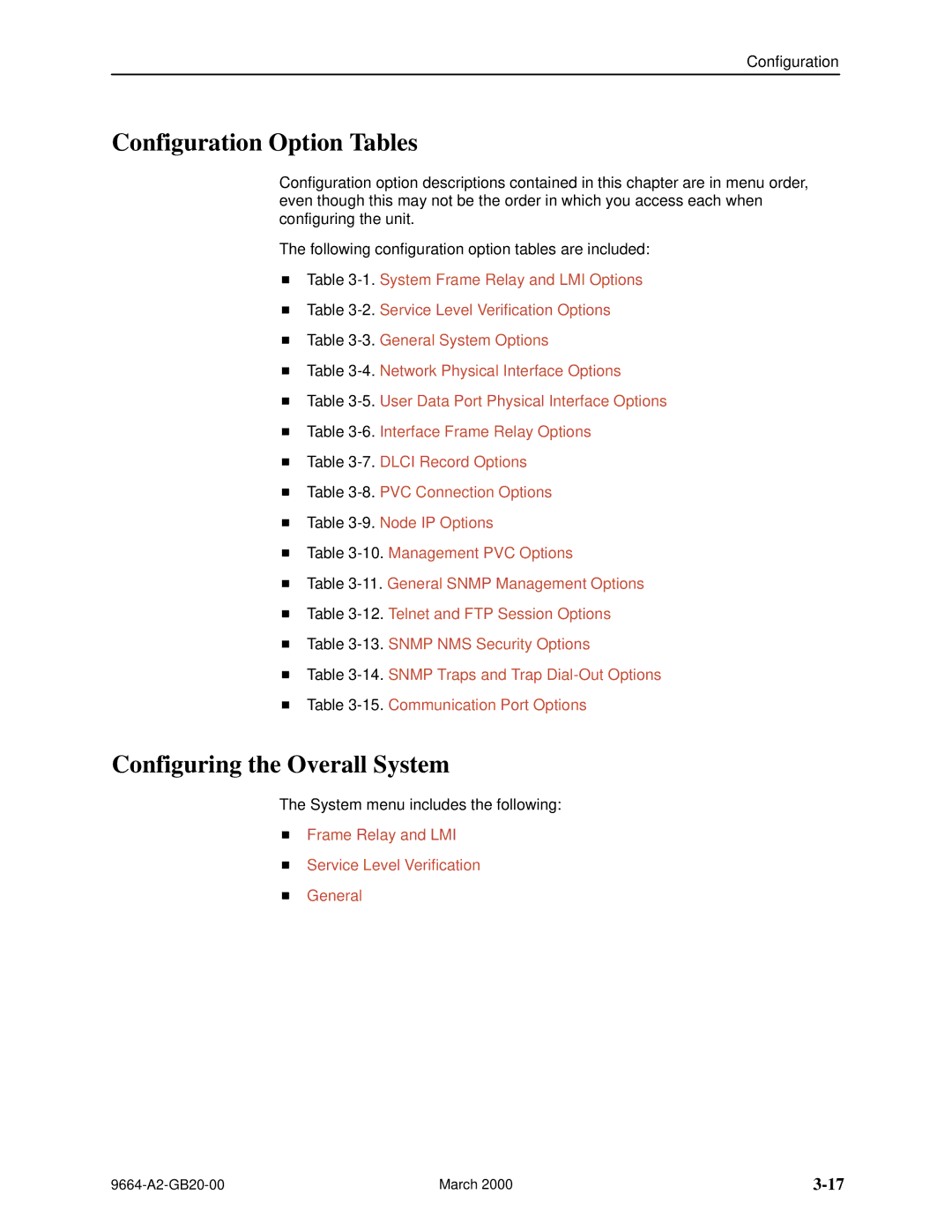 Paradyne 9664 manual Configuration Option Tables, Configuring the Overall System 