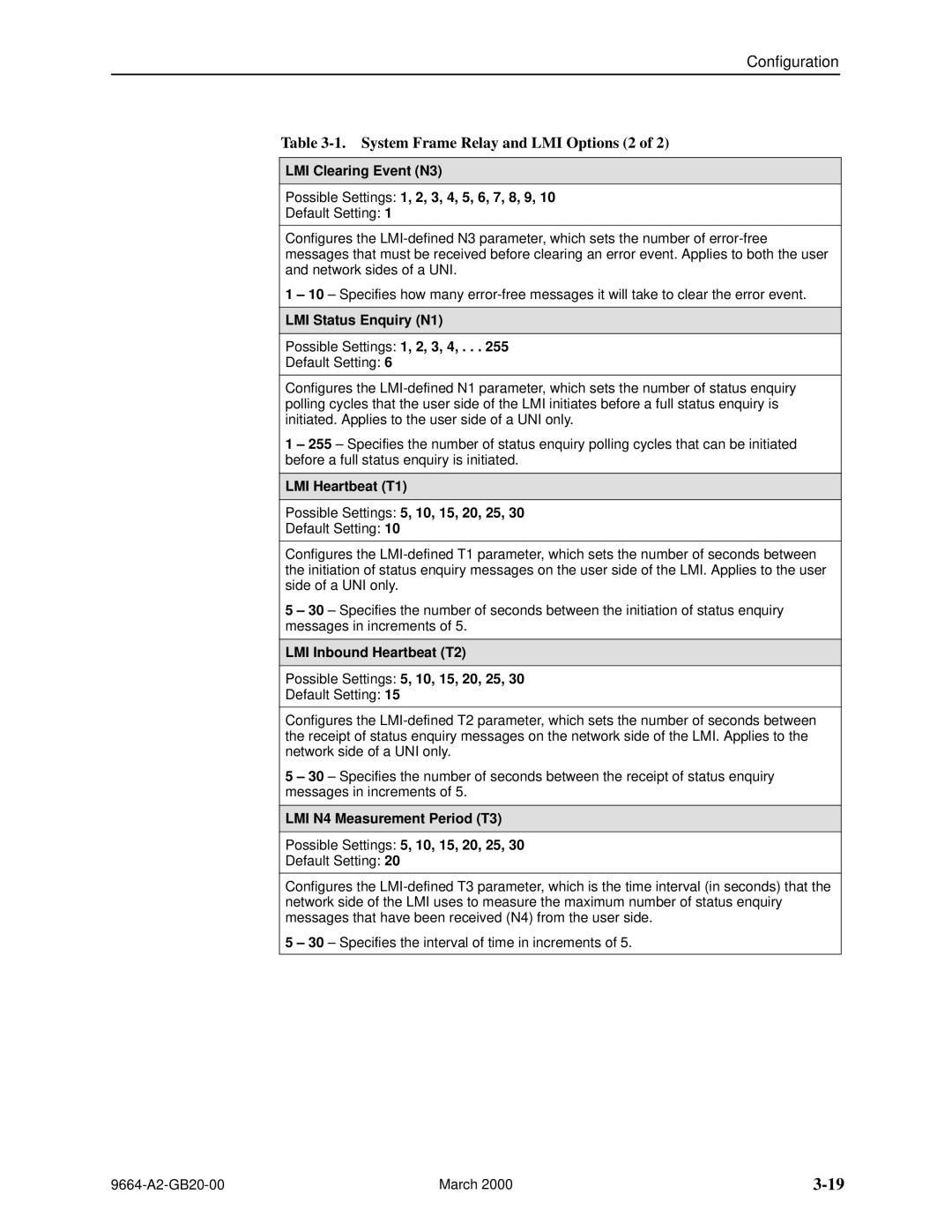 Paradyne 9664 manual System Frame Relay and LMI Options 2, LMI Status Enquiry N1 Possible Settings 1, 2, 3, 4 