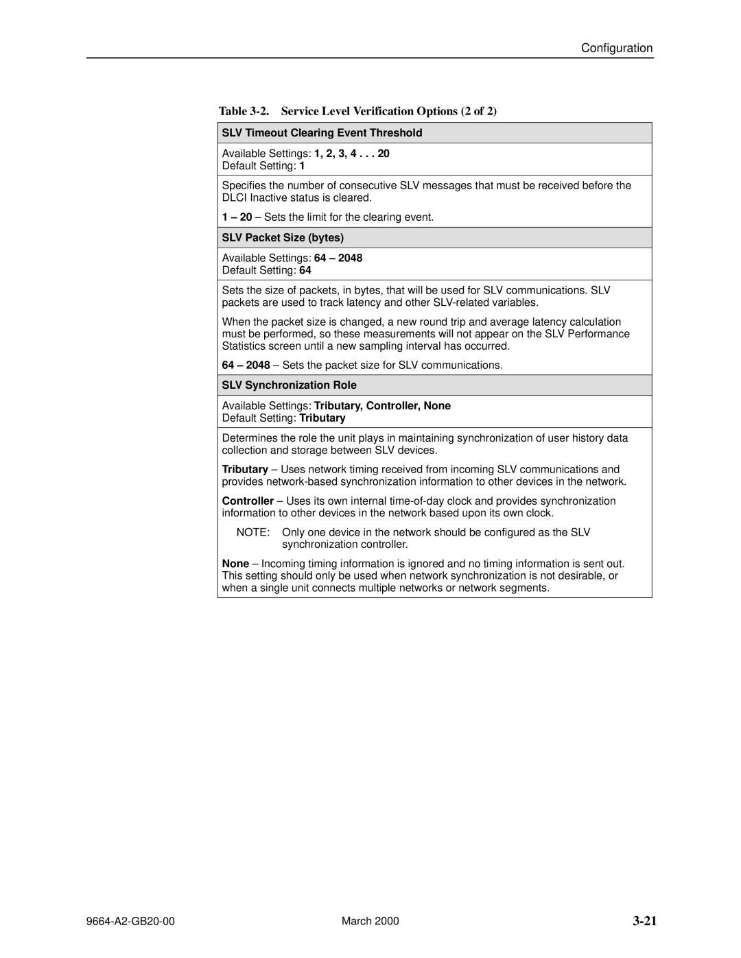 Paradyne 9664 manual Service Level Verification Options 2, SLV Timeout Clearing Event Threshold, SLV Packet Size bytes 