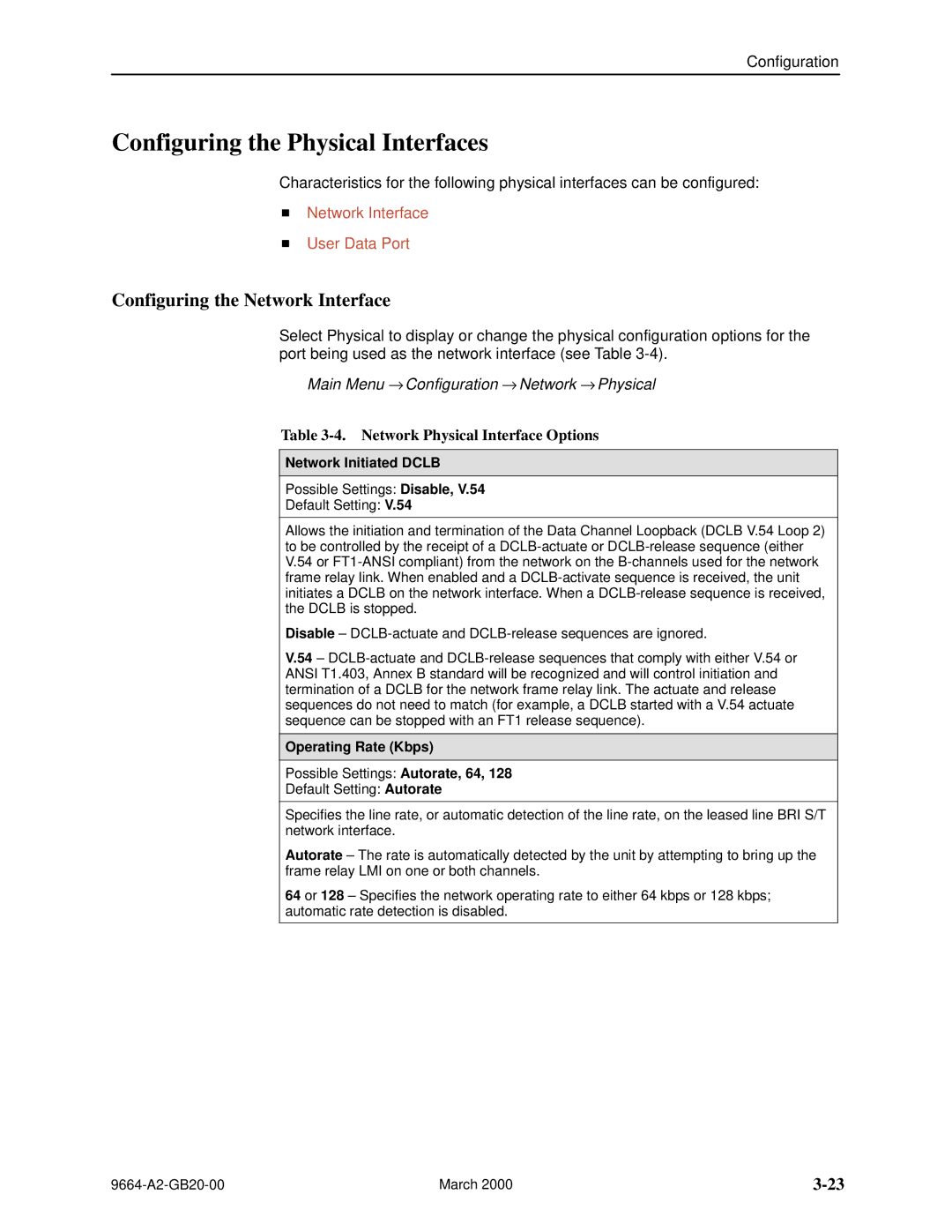 Paradyne 9664 Configuring the Physical Interfaces, Configuring the Network Interface, Network Physical Interface Options 