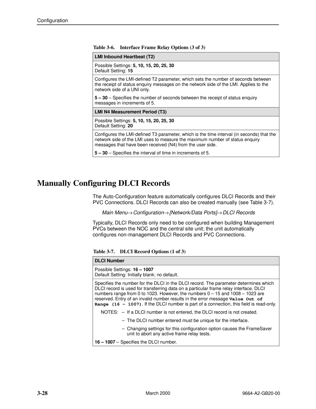 Paradyne 9664 manual Manually Configuring Dlci Records, Interface Frame Relay Options 3, Dlci Record Options 1, Dlci Number 