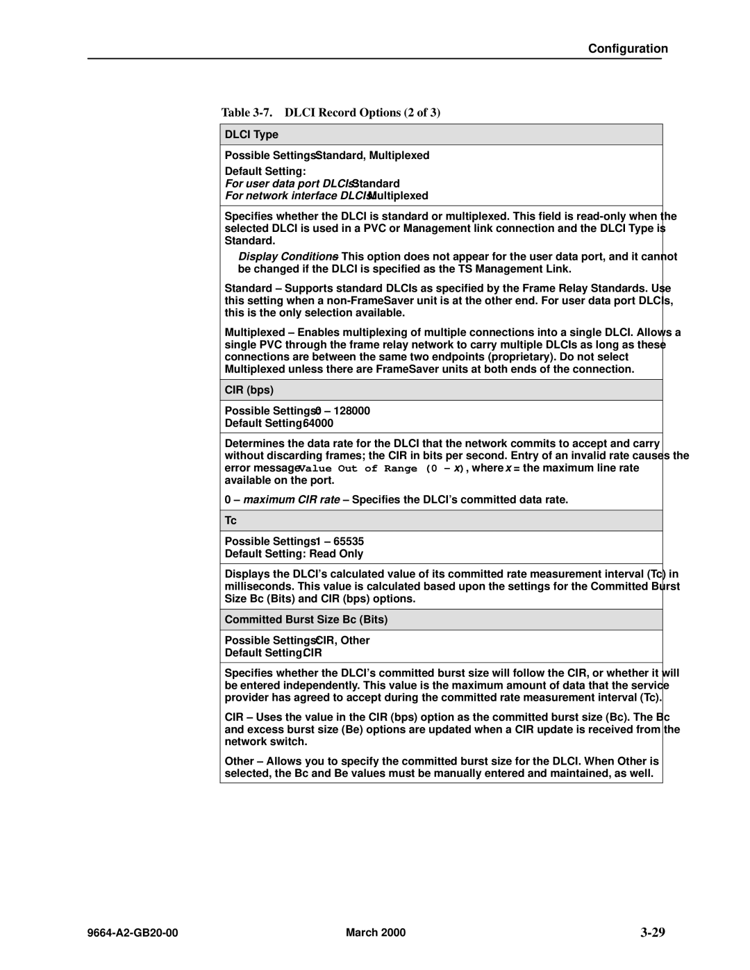 Paradyne 9664 manual Dlci Record Options 2, Dlci Type Possible Settings Standard, Multiplexed, CIR bps 