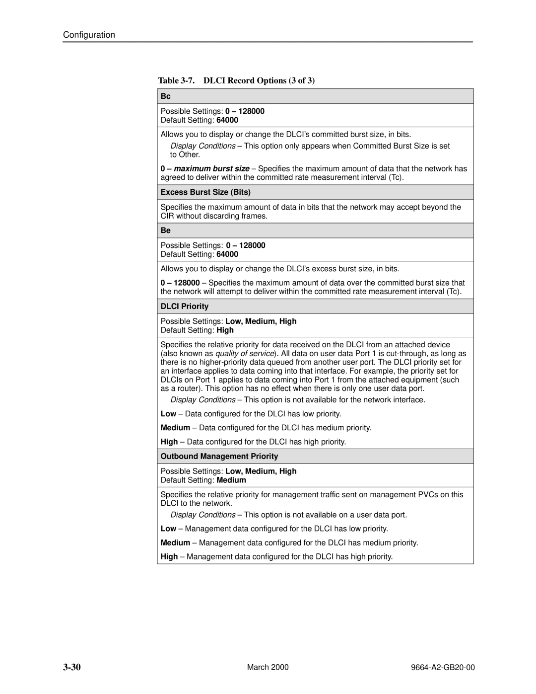 Paradyne 9664 manual Dlci Record Options 3, Excess Burst Size Bits, Dlci Priority, Outbound Management Priority 