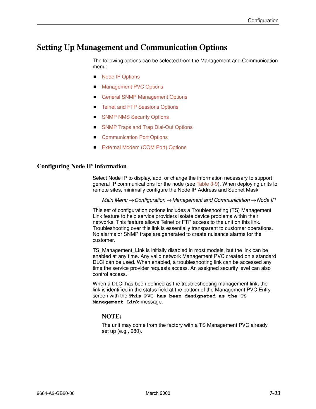 Paradyne 9664 manual Setting Up Management and Communication Options, Configuring Node IP Information 