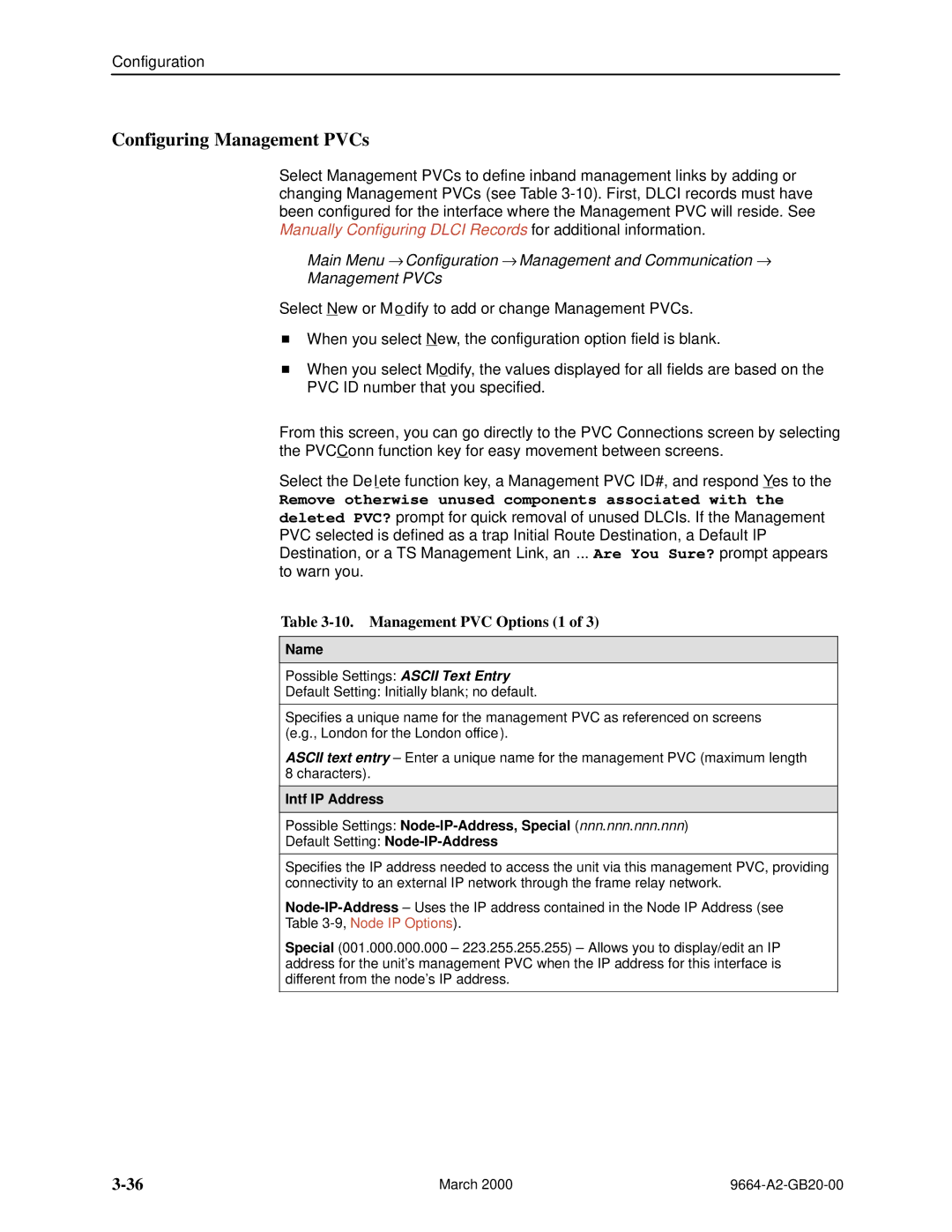 Paradyne 9664 manual Configuring Management PVCs, Management PVC Options 1, Name 