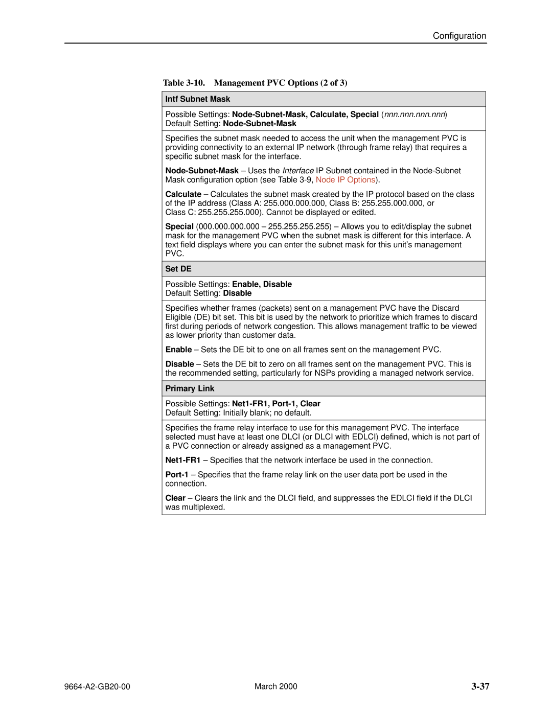 Paradyne 9664 manual Management PVC Options 2, Set DE, Primary Link Possible Settings Net1-FR1, Port-1, Clear 