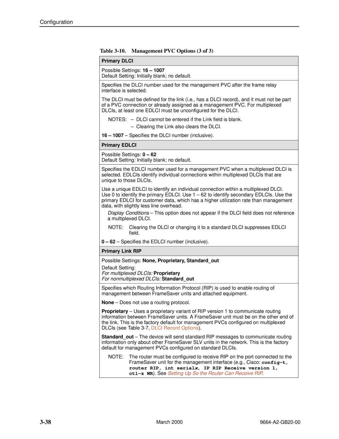 Paradyne 9664 manual Management PVC Options 3, Primary Dlci, Primary Edlci 