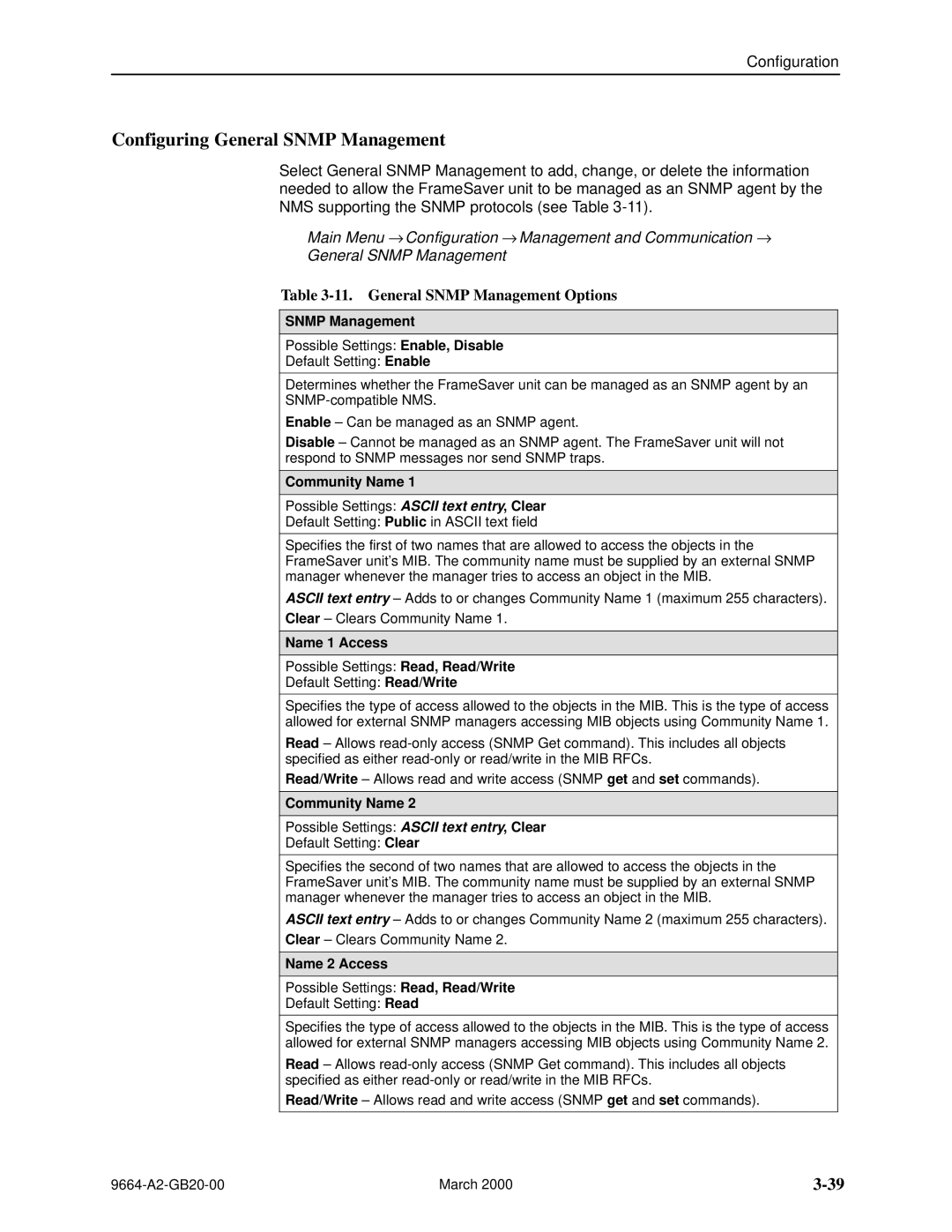 Paradyne 9664 manual Configuring General Snmp Management, General Snmp Management Options 