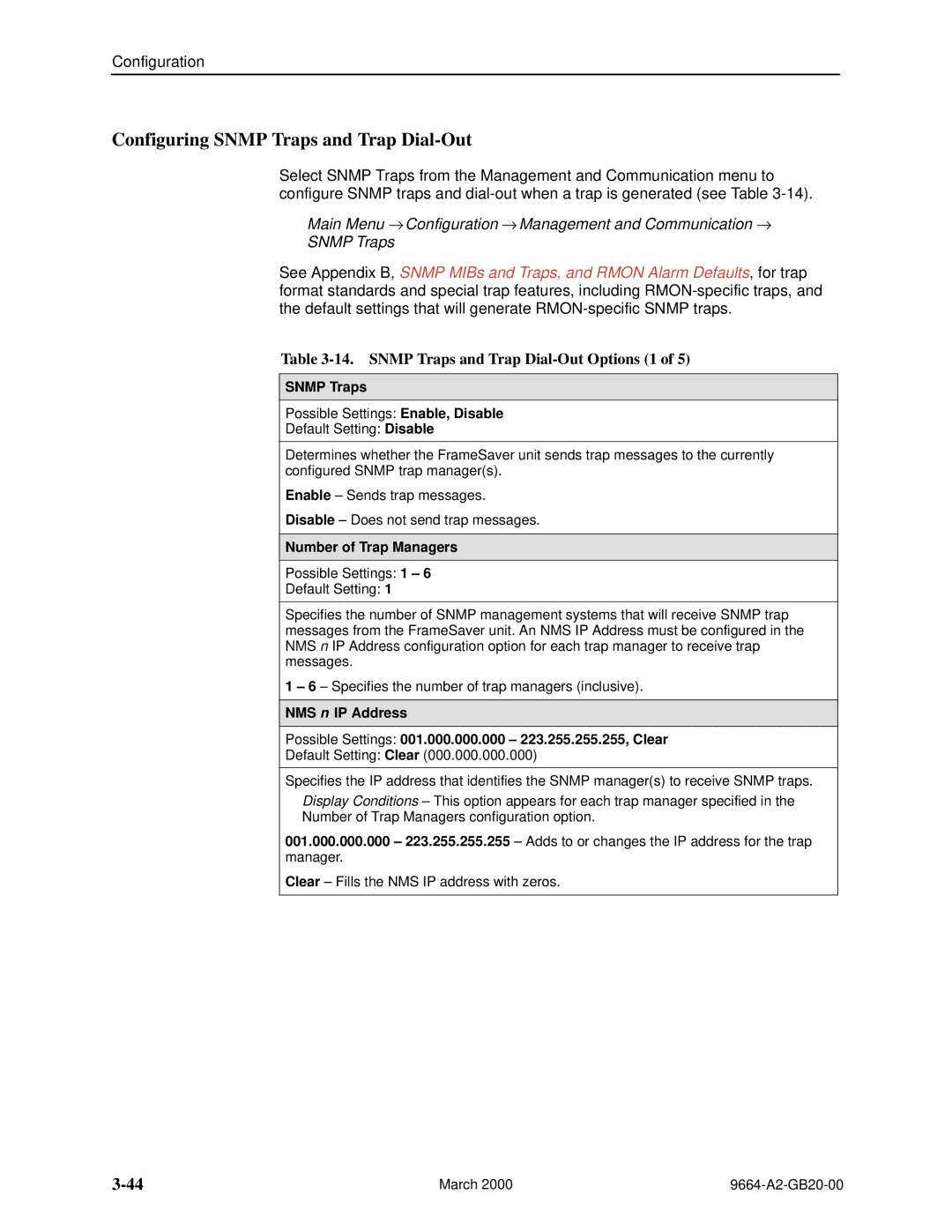 Paradyne 9664 Configuring Snmp Traps and Trap Dial-Out, Snmp Traps and Trap Dial-Out Options 1, Number of Trap Managers 