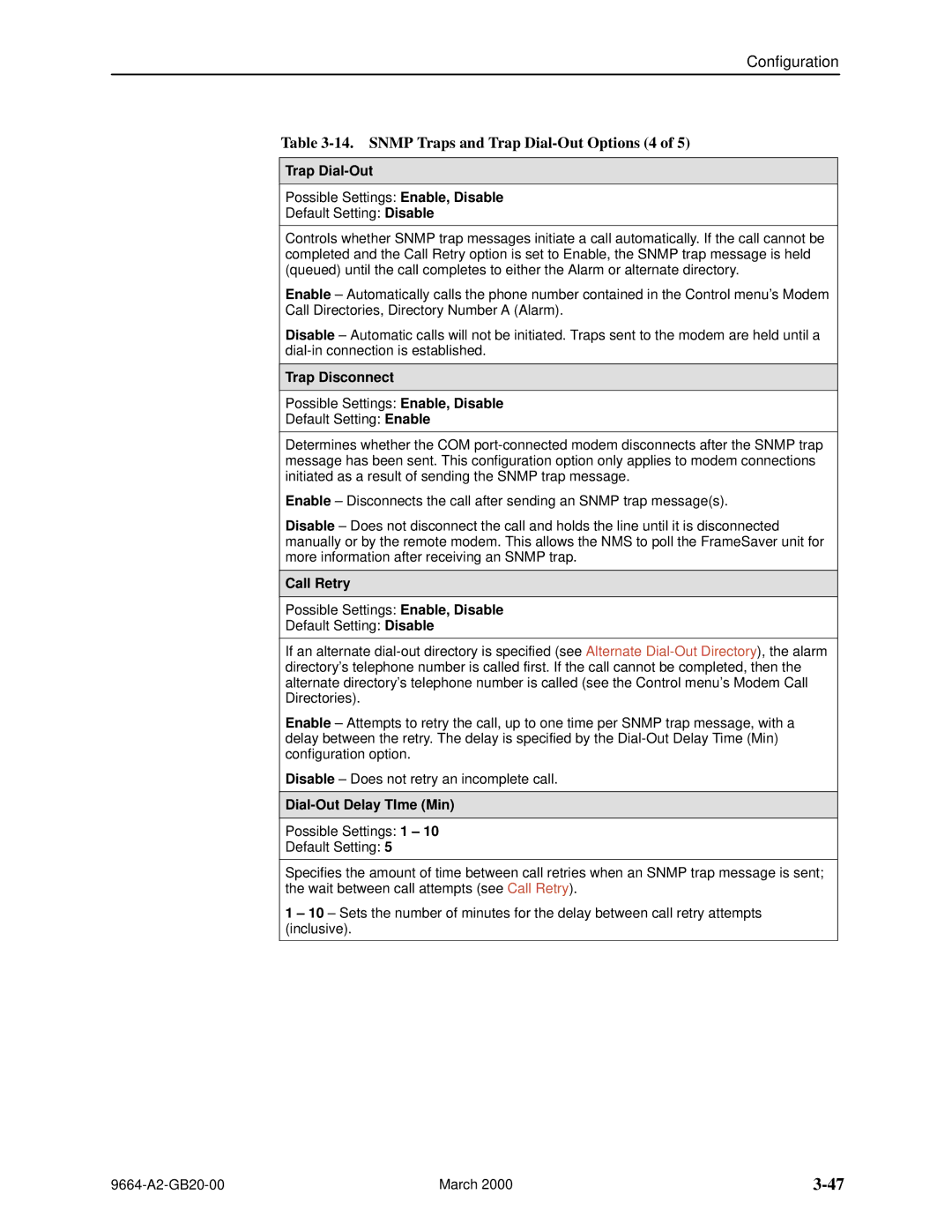 Paradyne 9664 manual Snmp Traps and Trap Dial-Out Options 4, Trap Disconnect, Call Retry, Dial-Out Delay TIme Min 