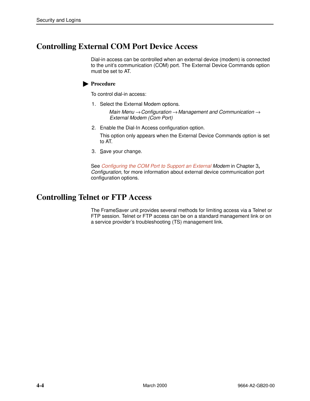 Paradyne 9664 manual Controlling External COM Port Device Access, Controlling Telnet or FTP Access 