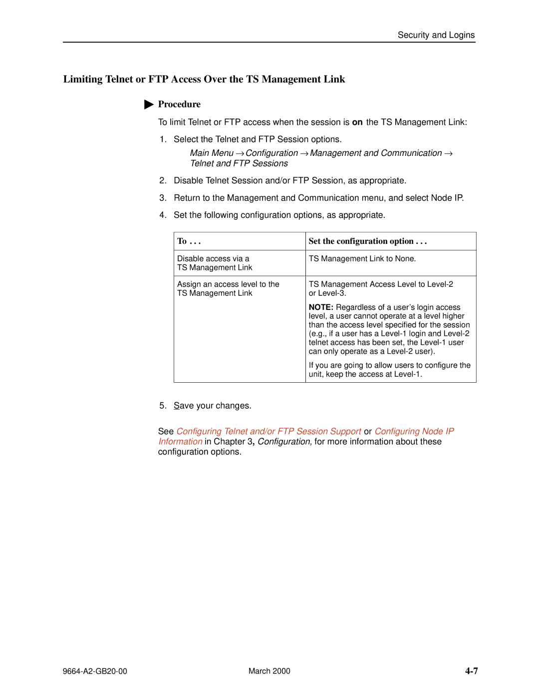 Paradyne 9664 manual Limiting Telnet or FTP Access Over the TS Management Link 