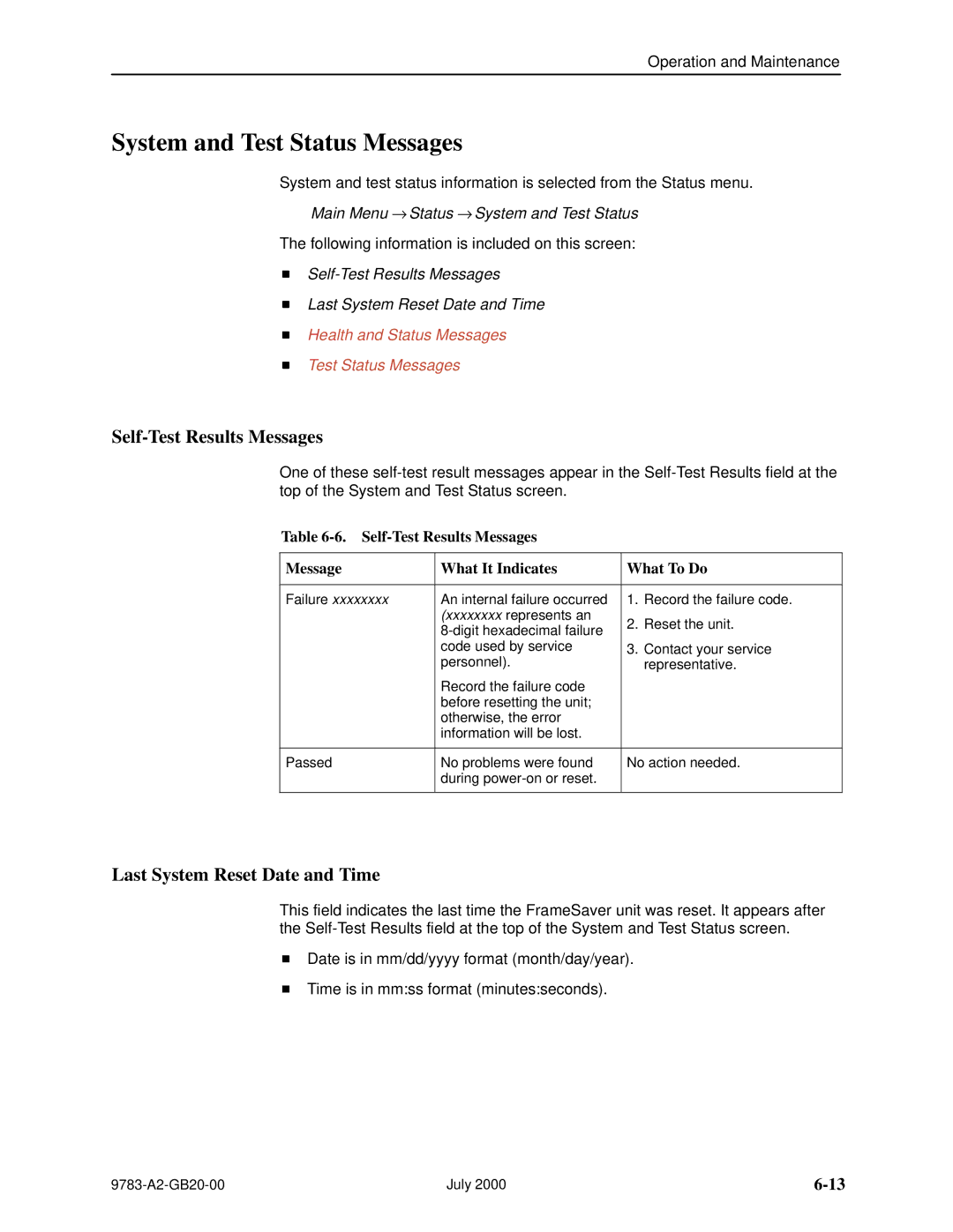 Paradyne FrameSaver DSL, 9783 System and Test Status Messages, Self-Test Results Messages, Last System Reset Date and Time 