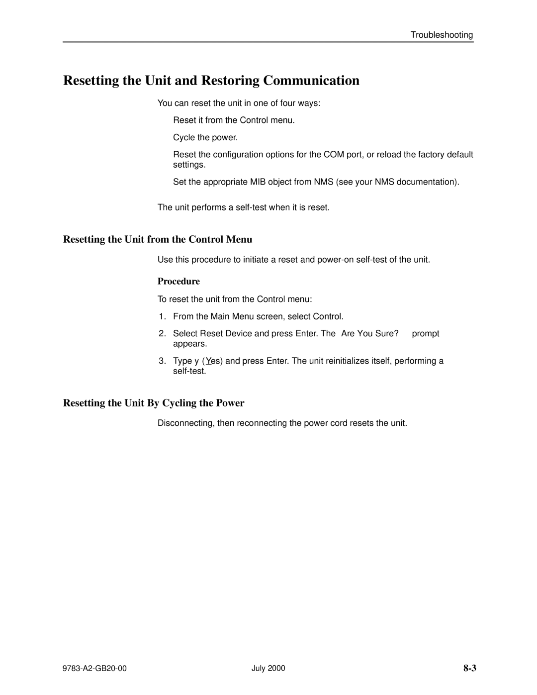 Paradyne FrameSaver DSL, 9783 Resetting the Unit and Restoring Communication, Resetting the Unit from the Control Menu 