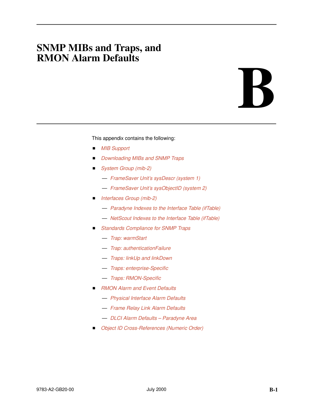 Paradyne FrameSaver DSL, 9783 manual Snmp MIBs and Traps, Rmon Alarm Defaults 