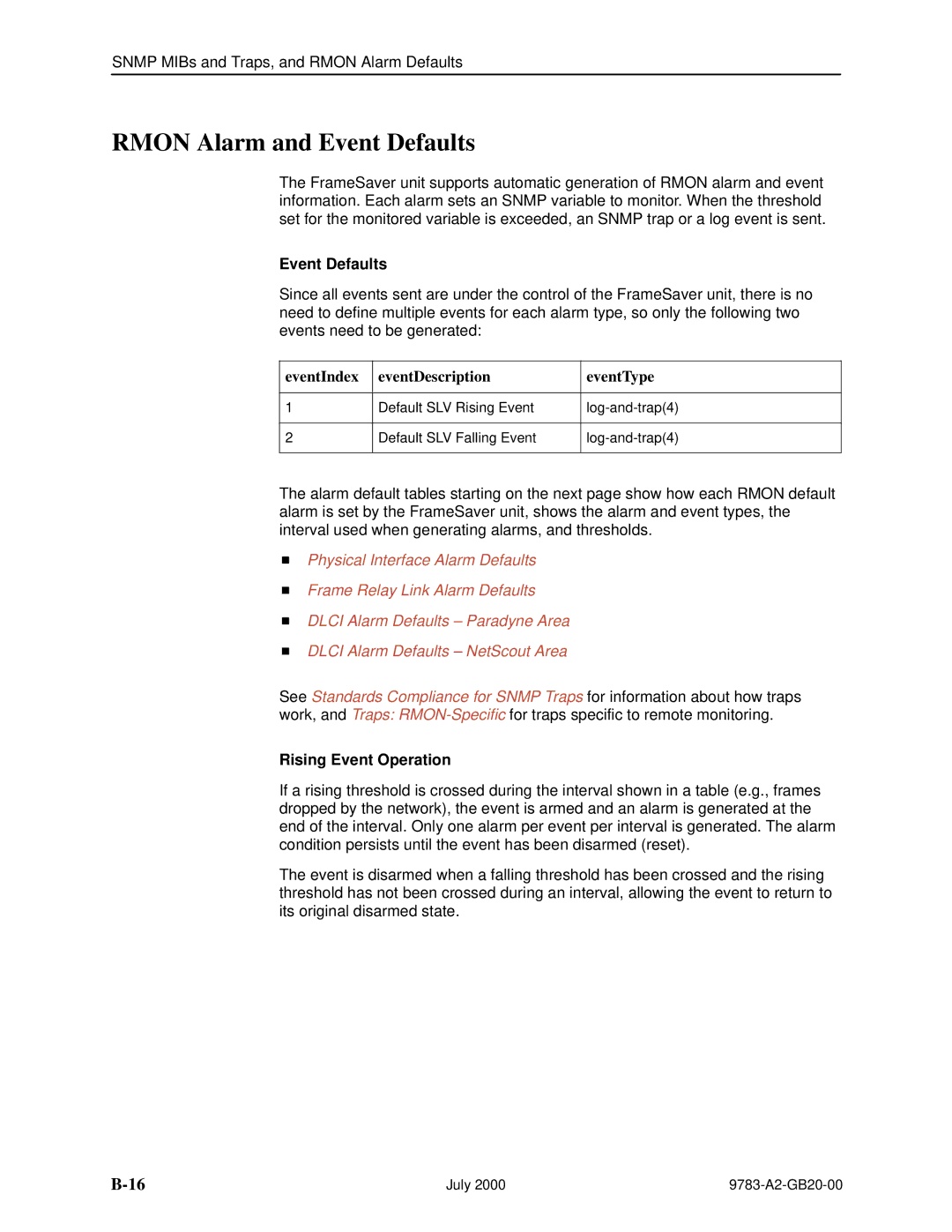 Paradyne 9783, FrameSaver DSL Rmon Alarm and Event Defaults, EventIndex EventDescription EventType, Rising Event Operation 