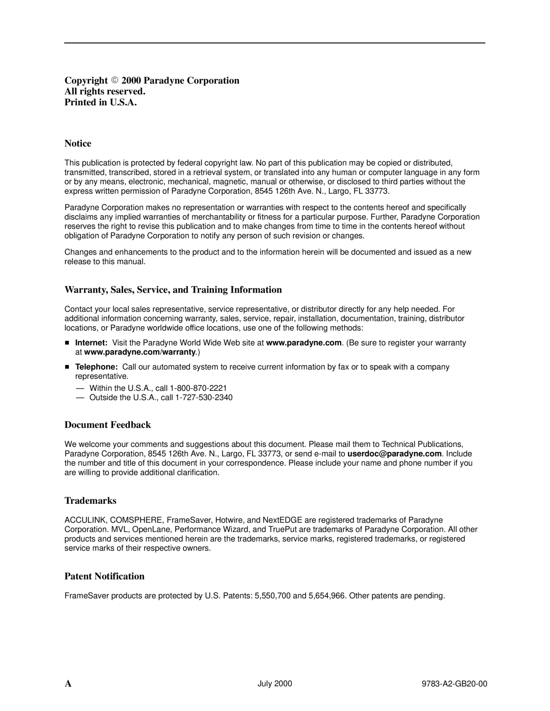 Paradyne 9783, FrameSaver DSL manual Copyright E 2000 Paradyne Corporation All rights reserved 