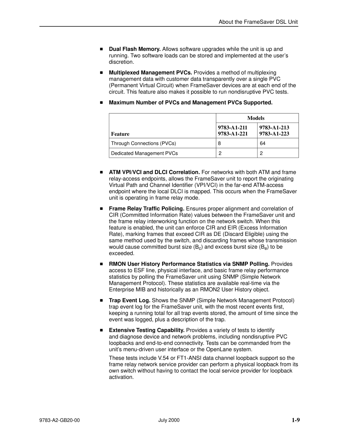 Paradyne FrameSaver DSL, 9783 manual Maximum Number of PVCs and Management PVCs Supported 