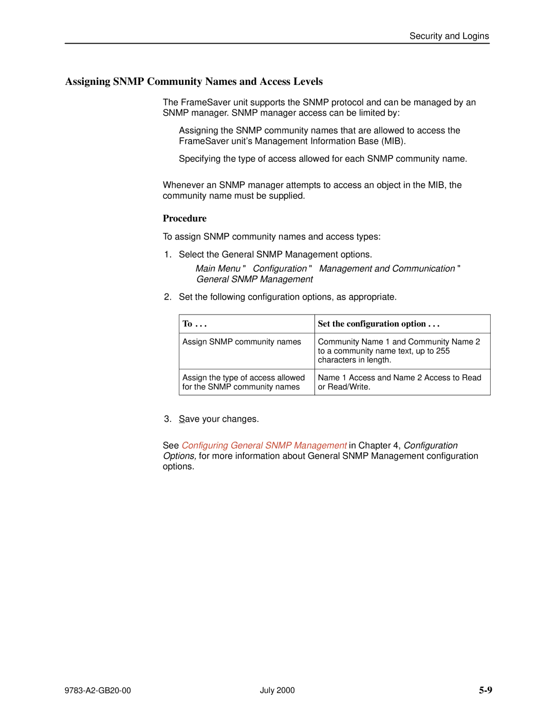 Paradyne FrameSaver DSL, 9783 manual Assigning Snmp Community Names and Access Levels 