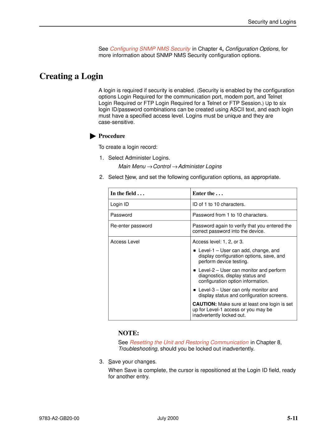 Paradyne FrameSaver DSL, 9783 manual Creating a Login, Main Menu → Control → Administer Logins, Field Enter 