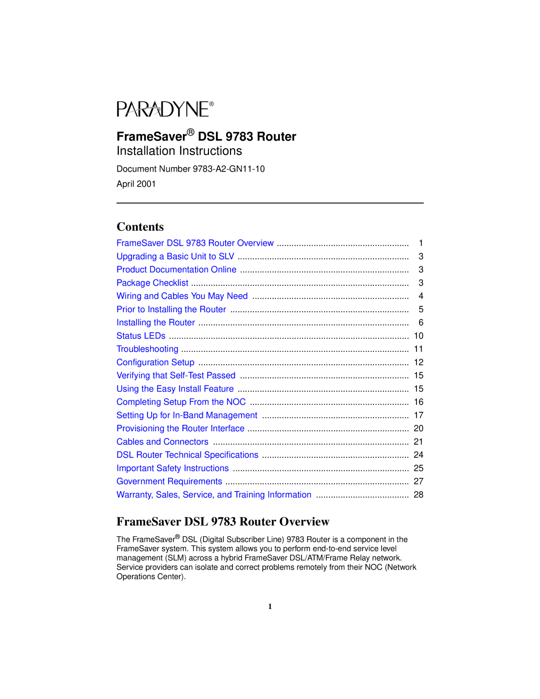 Paradyne installation instructions FrameSaver DSL 9783 Router 