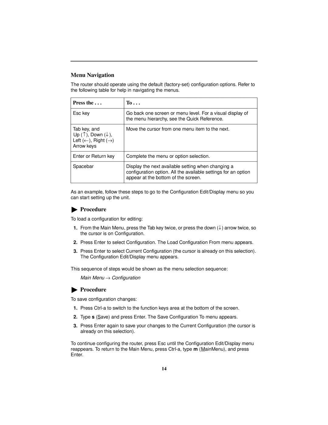 Paradyne 9783 installation instructions Menu Navigation, Press, Main Menu → Configuration 