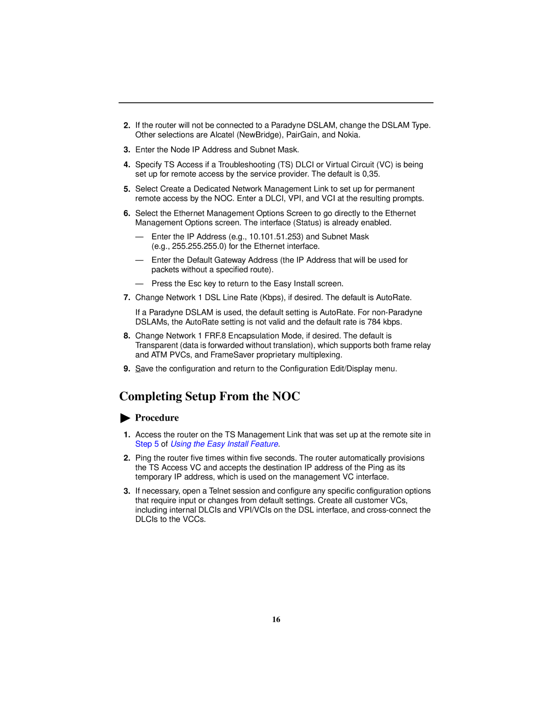 Paradyne 9783 installation instructions Completing Setup From the NOC 