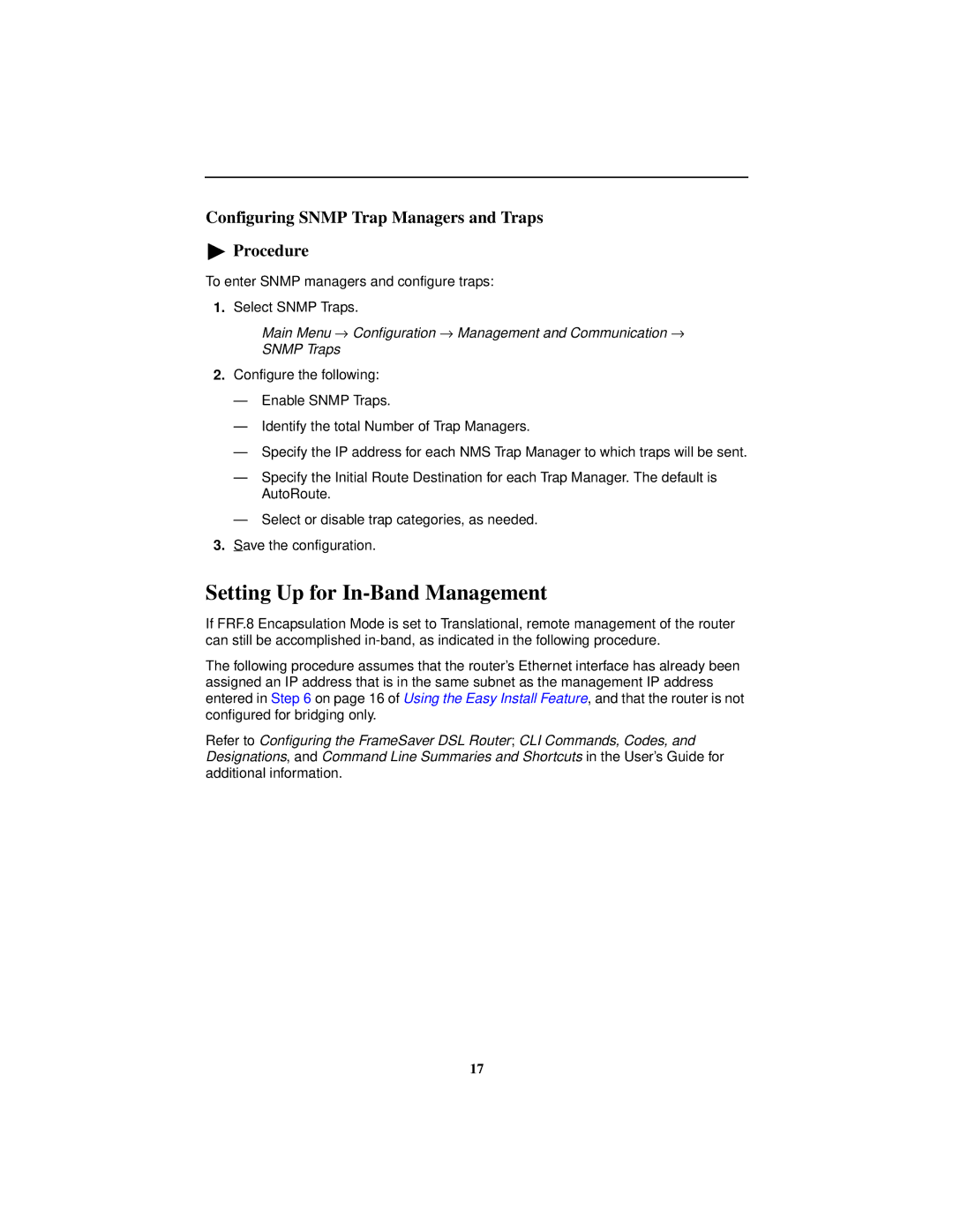 Paradyne 9783 Setting Up for In-Band Management, Configuring Snmp Trap Managers and Traps Procedure 