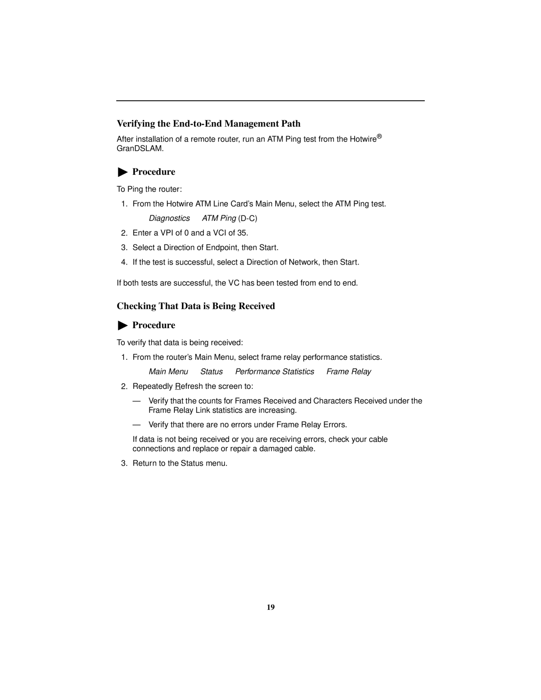 Paradyne 9783 Verifying the End-to-End Management Path, Checking That Data is Being Received Procedure 