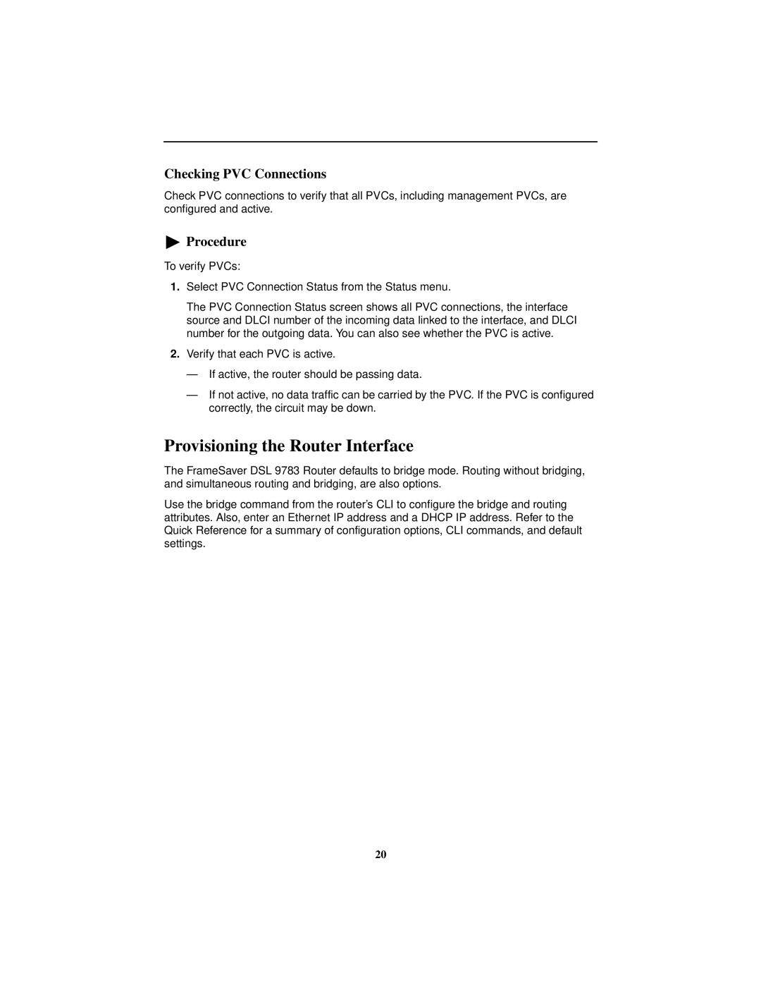 Paradyne 9783 installation instructions Provisioning the Router Interface, Checking PVC Connections 